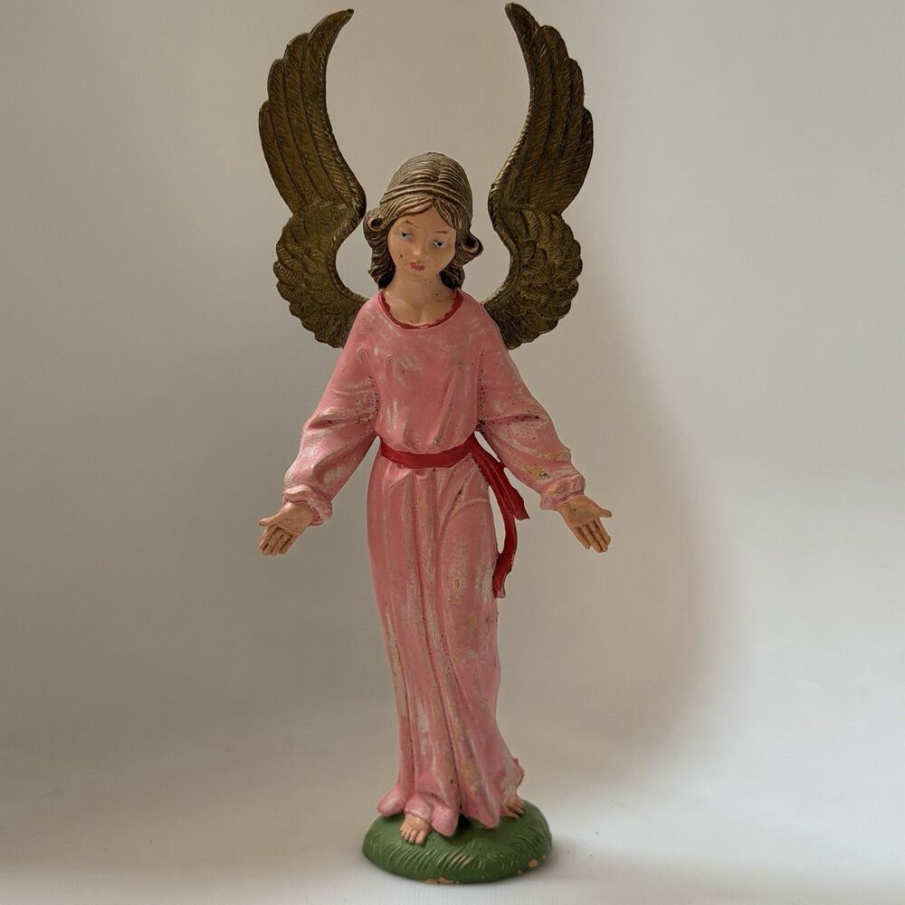 Vintage Depose Italy Angel Figurine Pink Robe Gold Wings Nativity Christmas 5.75